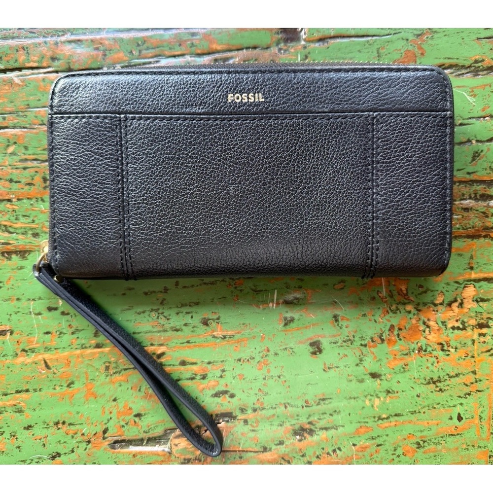 FOSSIL Clutch Wallet Black Zip Around Leather Organizer Gold Logo Wristlet